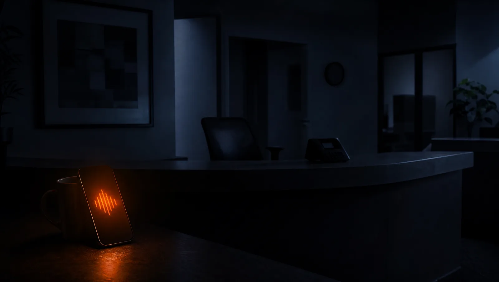 Empty reception desk in low light with a phone glowing orange showing a voice waveform