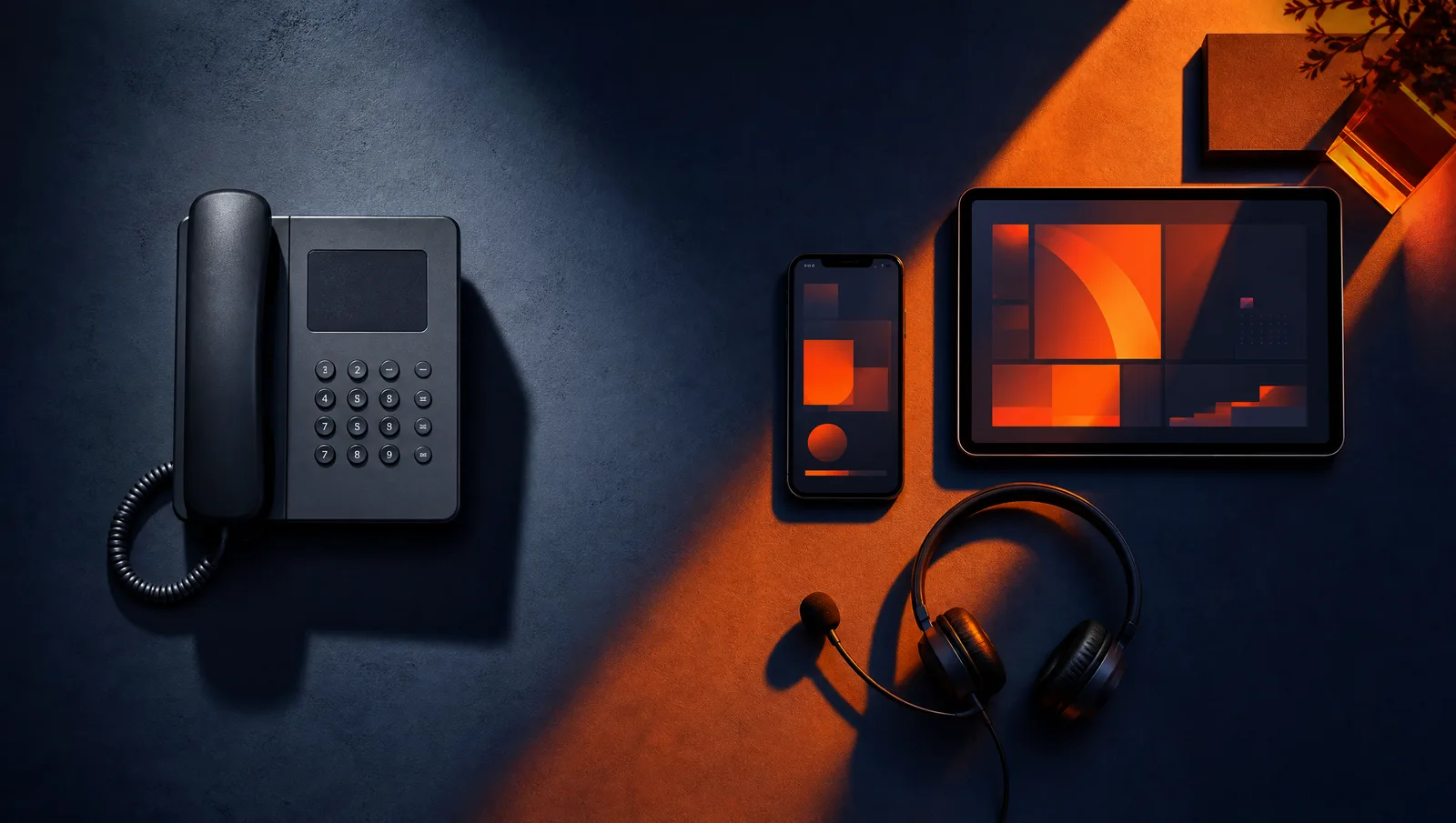 Desk phone next to a tablet and headset showing AI dashboard graphics in orange and navy