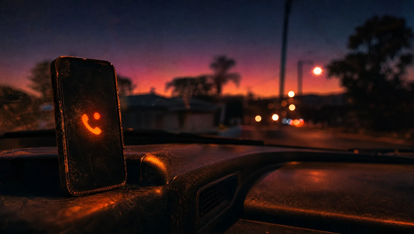 Phone on a ute dashboard at sunset showing a missed call icon on an Australian street