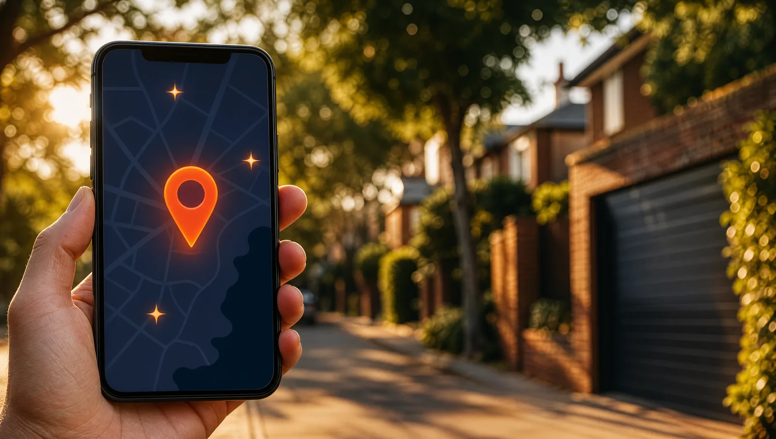 Hand holding a phone showing a glowing orange map pin on a Sydney suburban street with a garage door