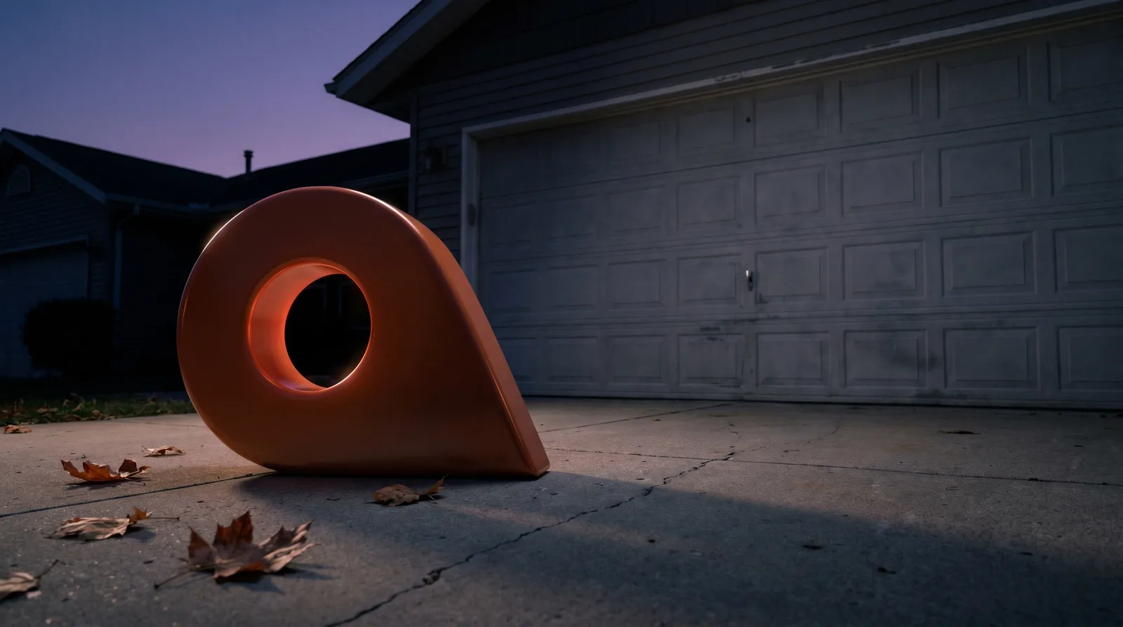 Toppled orange map pin lying on a driveway in front of a closed garage door at dusk