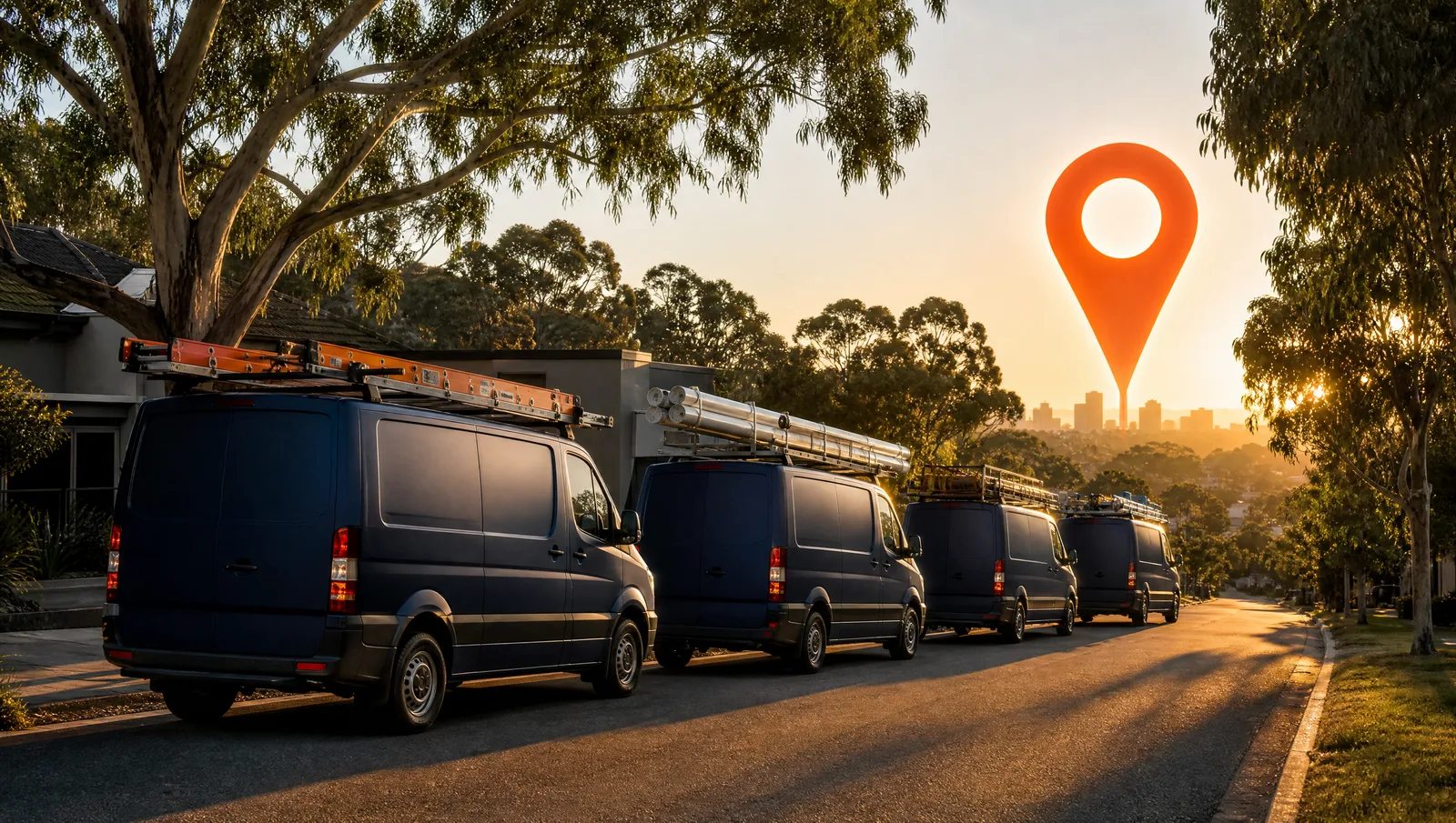 Trade service vans parked on an Australian suburban street under a glowing orange map pin at sunset