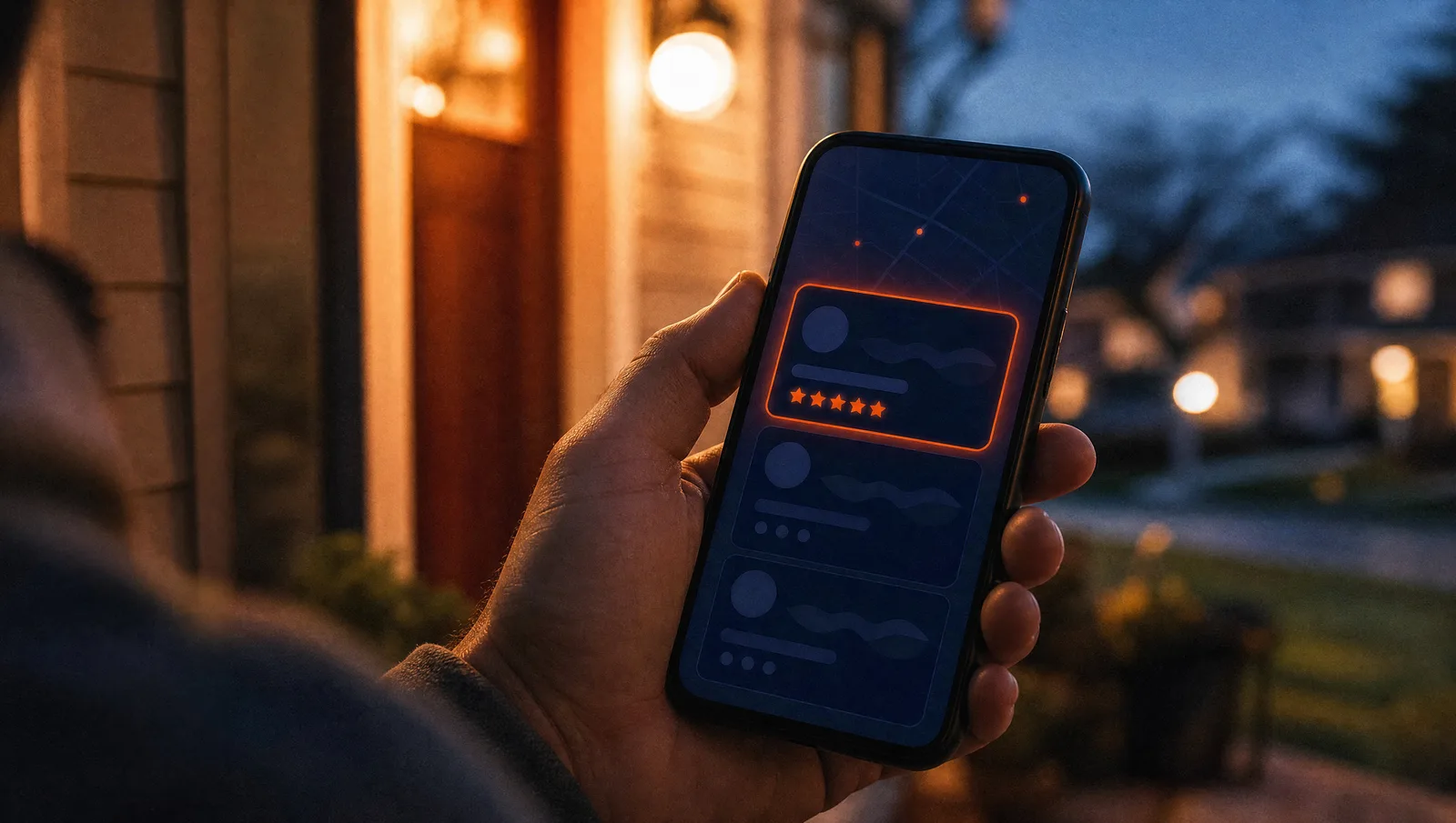 Homeowner at dusk holding a phone showing local business listings with five-star reviews