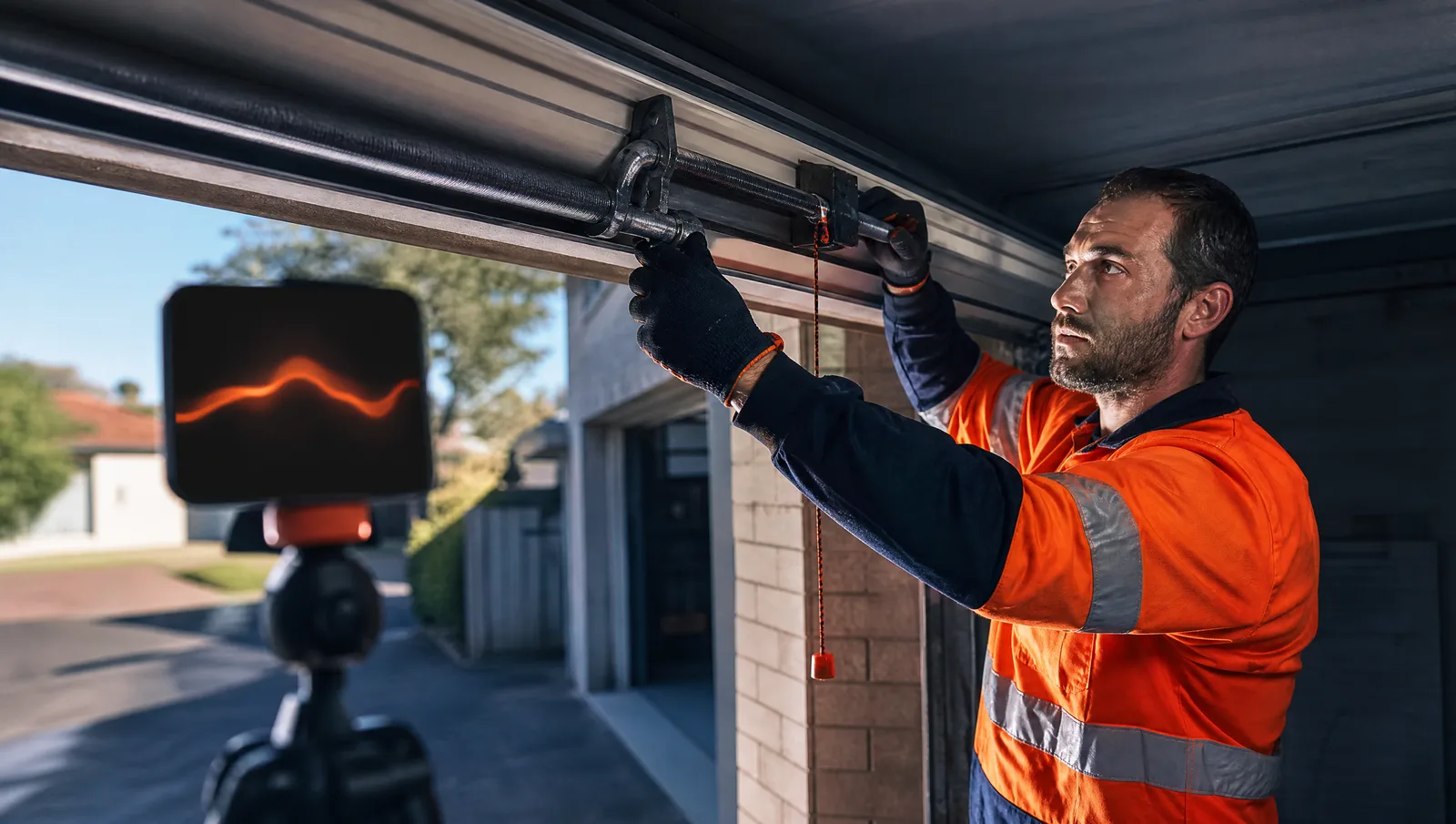 Garage door technician in hi-vis adjusting a roller door with an audio waveform on a nearby screen