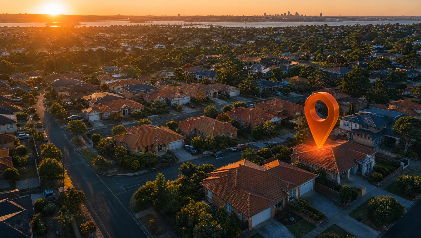 Aerial view of an Australian suburb at sunset with a large orange map pin marking a home
