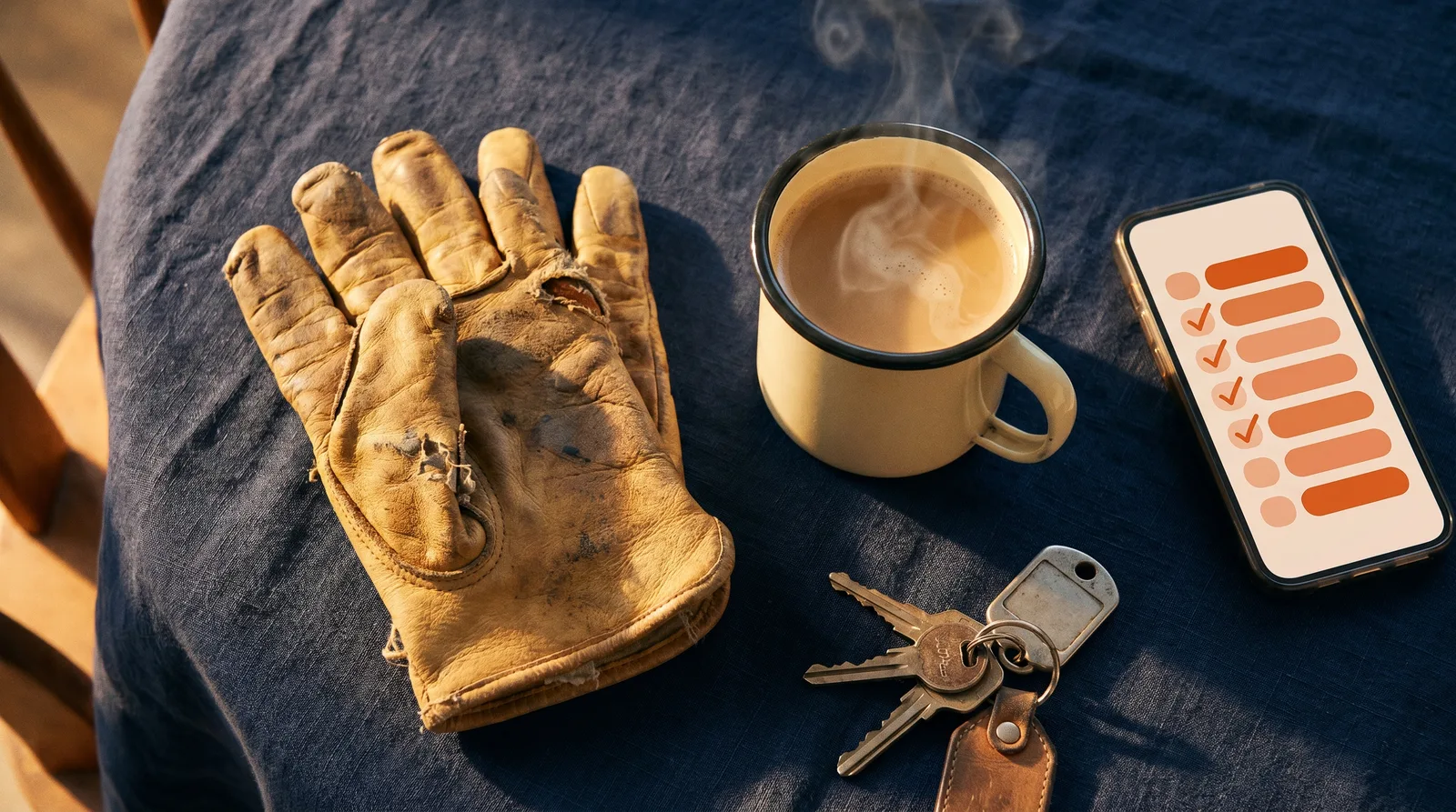 Flat lay of work gloves, coffee and keys beside a phone showing a ticked weekly checklist