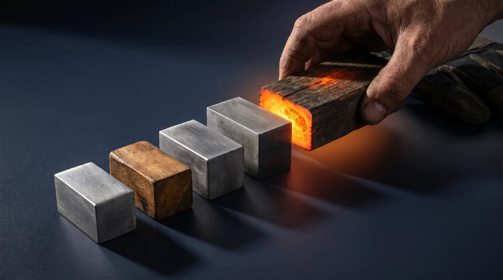 Tradesman's hand placing a glowing block at the top of an ascending row of steel and timber blocks